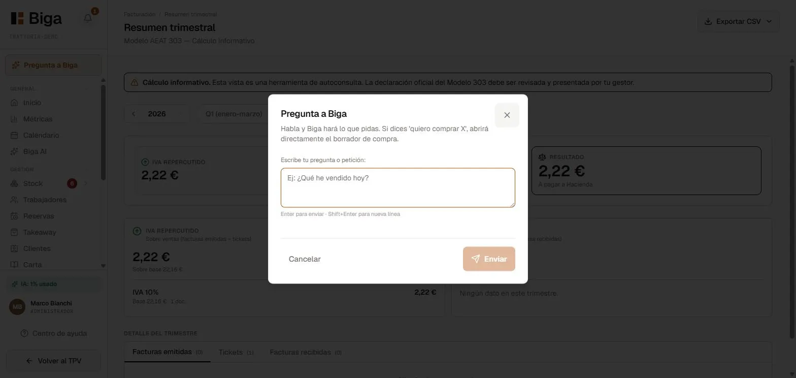Biga AI dentro de la aplicación