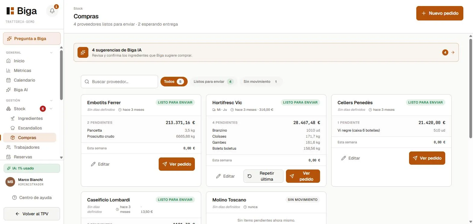 Compras a proveedores con las sugerencias de Biga IA