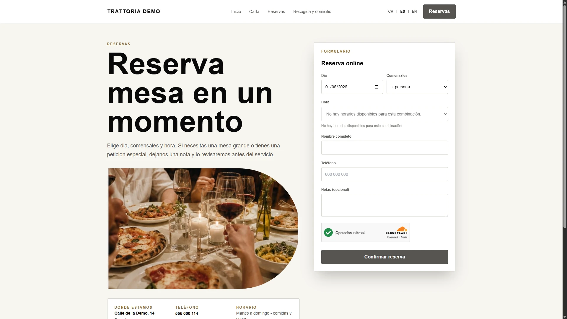 Pàgina de reserva online de la web pública: formulari amb dia, hora i comensals al costat de la foto del local i el branding del restaurant.