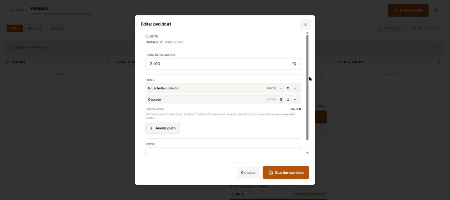Modal de editar un pedido para llevar con el botón Añadir plato