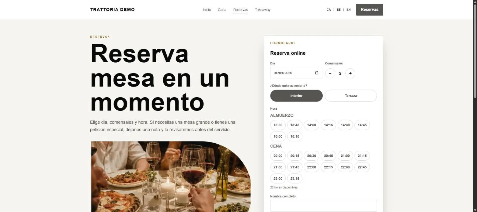 Formulario de reserva en la web pública