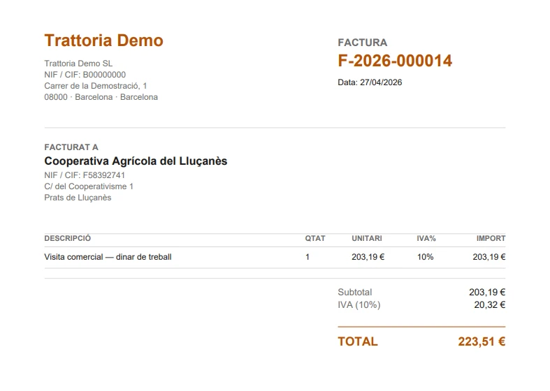 PDF real d'una factura B2B de Biga: capçalera amb les dades fiscals del restaurant, el client amb NIF, les línies amb IVA i el total.