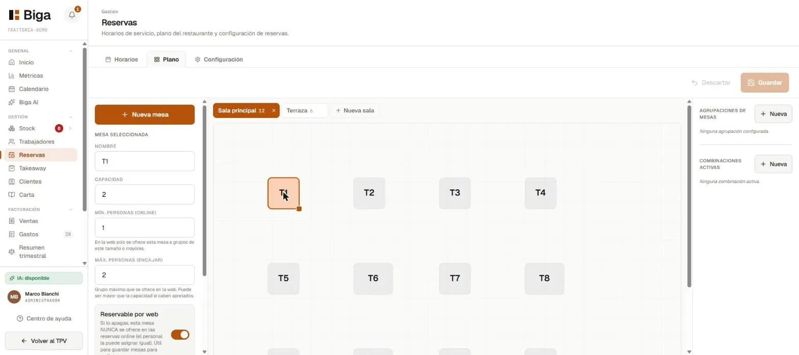 Interruptor «Reservable online» en el editor de mesas