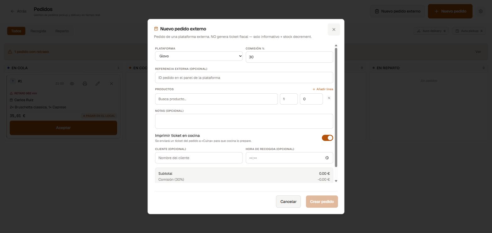 Modal de nuevo pedido externo